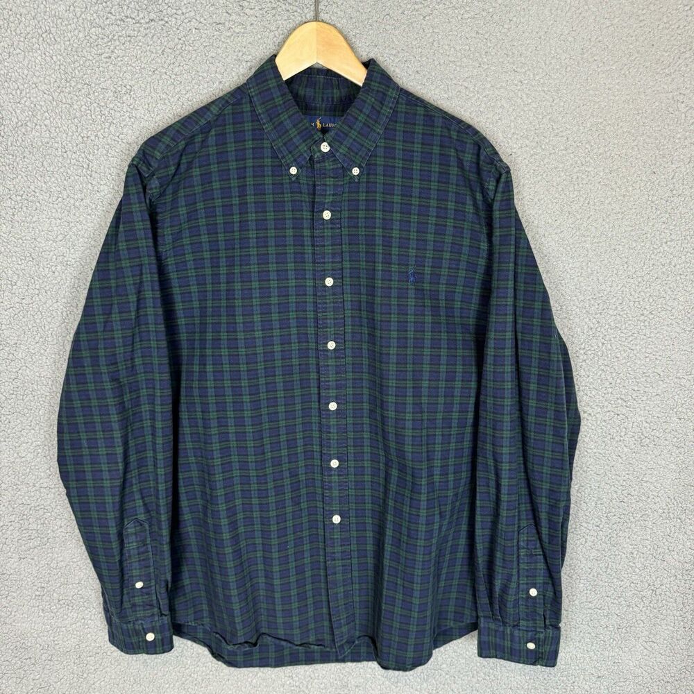 S Ralph Lauren Shirt Mens XL Green Blue Plaid Long Sleeve Button Down Cotton